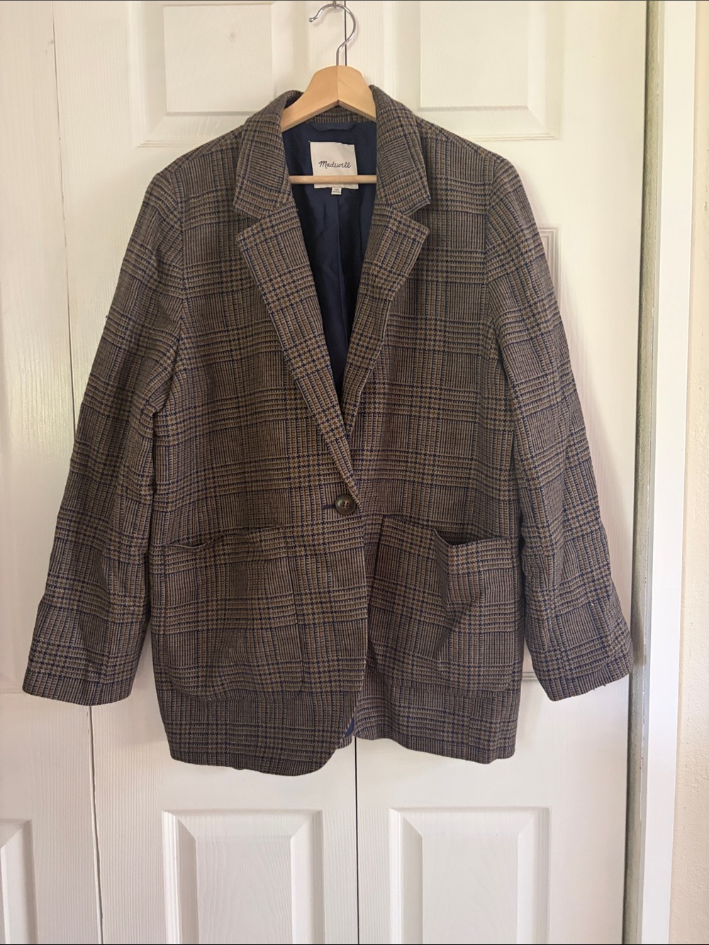 Madewell Brown Plaid Single-Button Blazer with Navy Lining